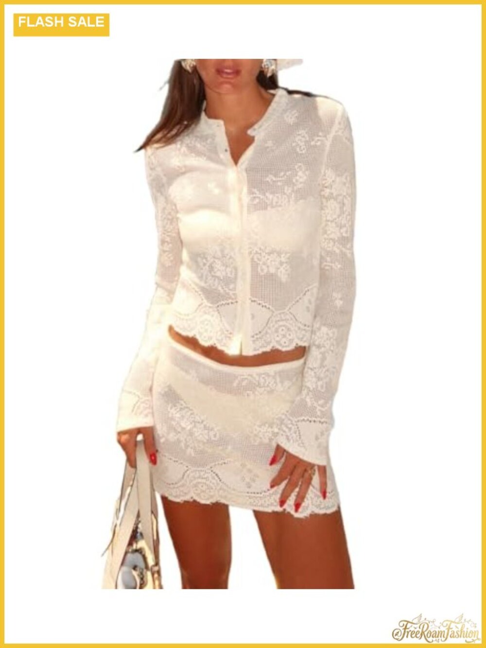 Women Crochet 2 Piece Skirt Set Long Sleeve Button Down See Through Top Mini